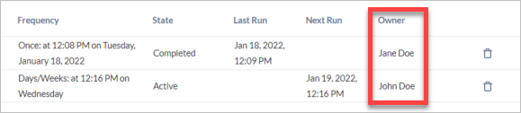 Once shared schedules are set up, you'll be able to see all users' schedules on the Schedules page. The Owner column will display the user that created the schedule.