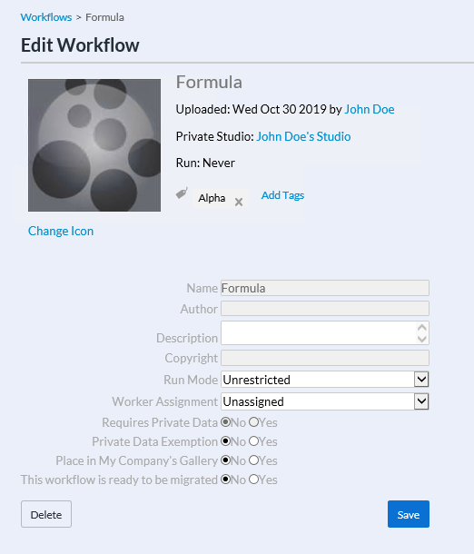 On the Workflows page, select a Workflow. Make your changes to the following Workflow settings. Be sure to click Save when you are finished making changes. 