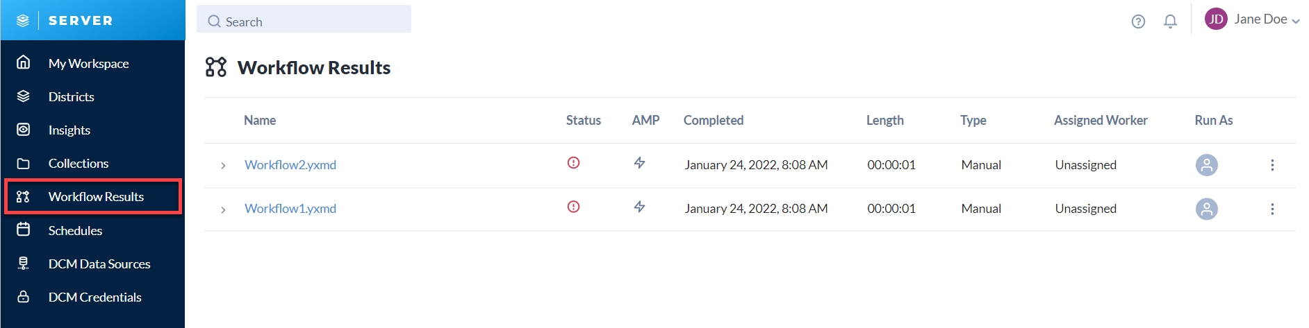 An overview of all results associated with workflows you have access to.