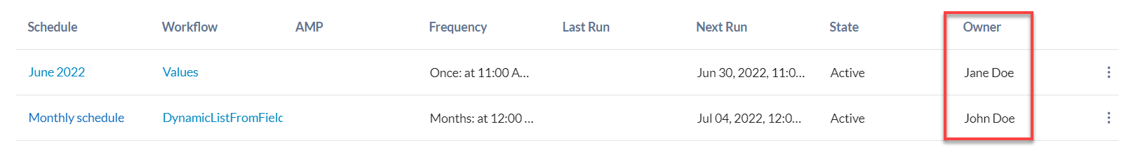 The Owner column will display the user that created the schedule.