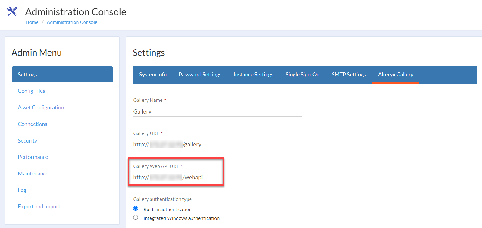 Screenshot showing the Admin Menu Settings Alteryx Gallery Web API URL.