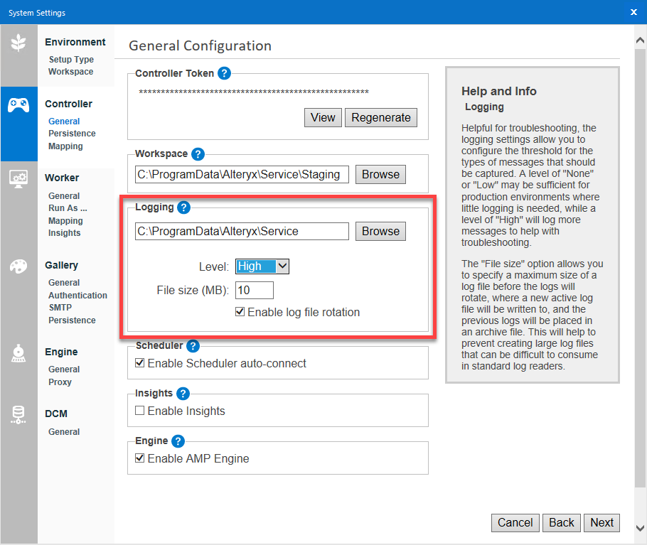 Configure the service log file location, logging level, file size, and file rotation on the System Settings Controller General screen.