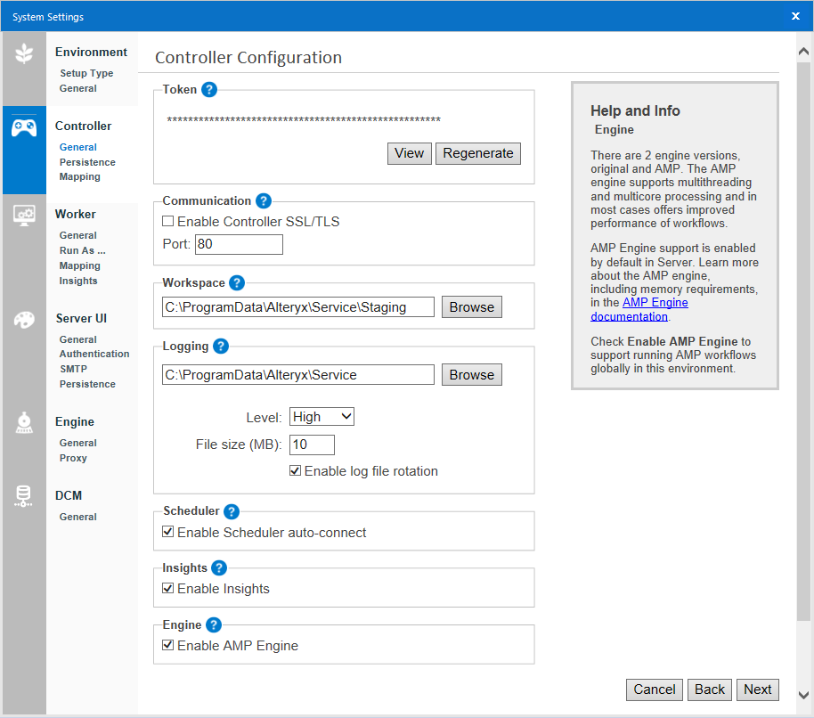 Controller configuration in Alteryx System Settings.