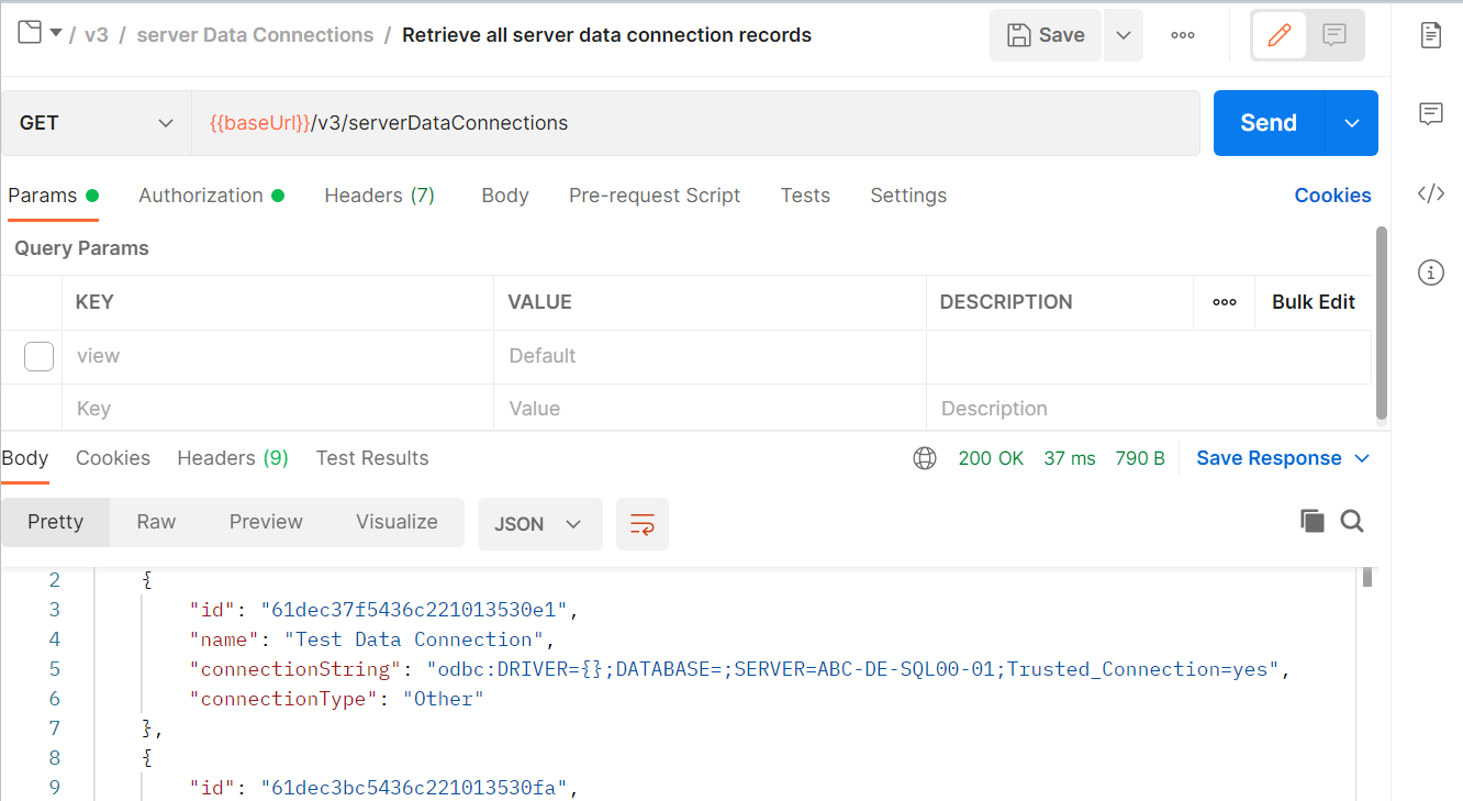 Use the GET /v3/serverDataConnections endpoint.