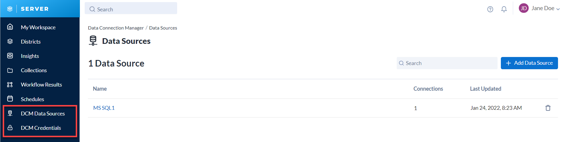 In the Server UI, Data Connection Manager consists of 2 parts: DCM Data Sources and DCM Credentials.