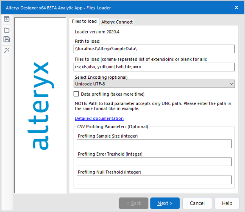 Screenshot of the File loader in Designer, tab Files to load.