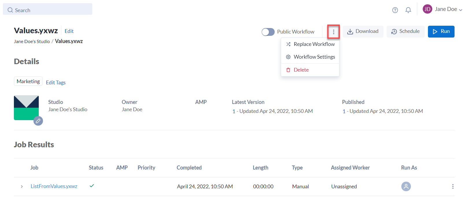 Screenshot of workflow details in Alteryx Server.