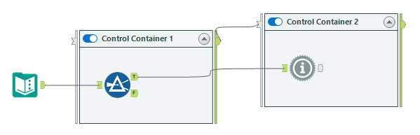 Image showing a Control Container tool with a Filter tool inside. The container's output is connected to another Control Container's input.