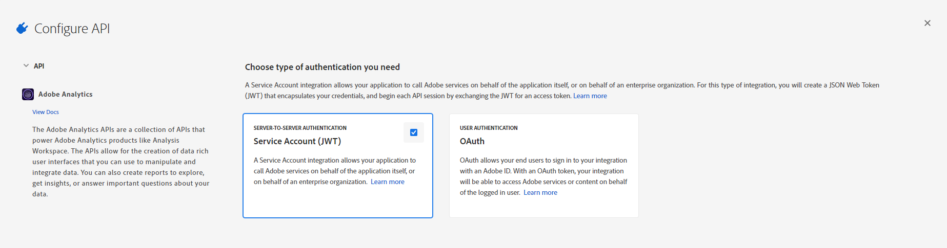 Choose Service Account (JWT) for the authentication type