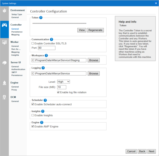 The Controller General Configuration screen includes the following settings: Controller Token, Workspace, Logging, Scheduler, Insights