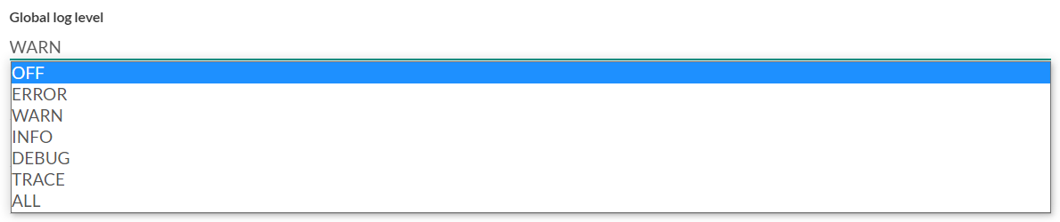 Screenshot of the Log section in the Admin Menu, setting up the Global log level.