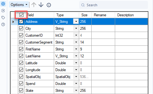 Image showing the tool configuration window with the select all check box highlighted.