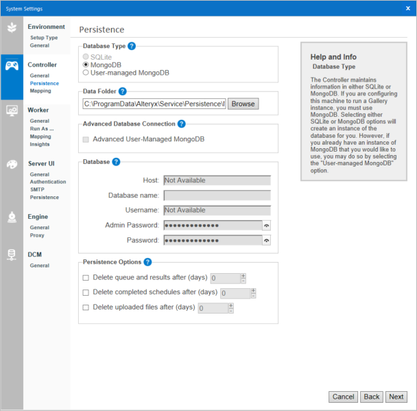 The Controller Persistence screen includes the following settings: Database Type, Data Folder, Advanced Database Connection, Database, and Persistence Options