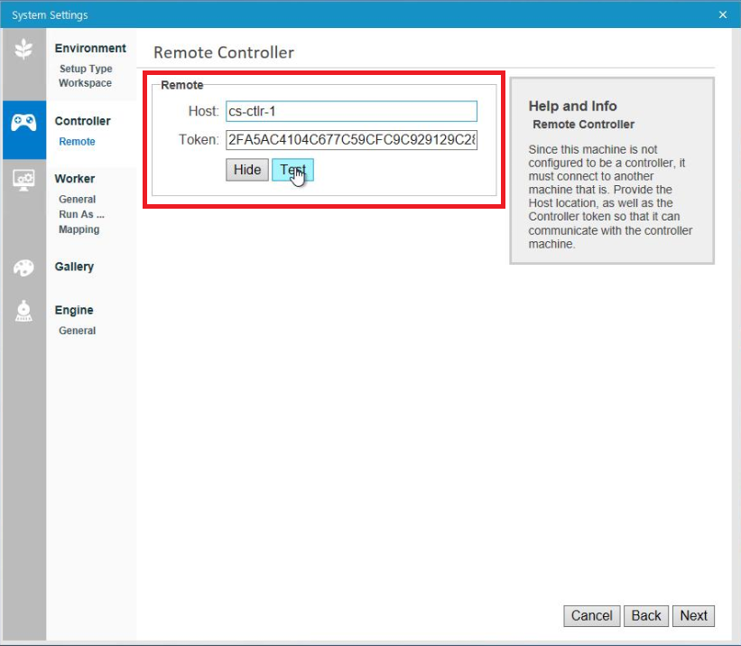 On the Remote Controller screen, enter the DNS host name that was created in step 7 of the Add a Cluster Role section and the Controller Token obtained in step 3 of the Primary Controller Configuration section of these instructions.