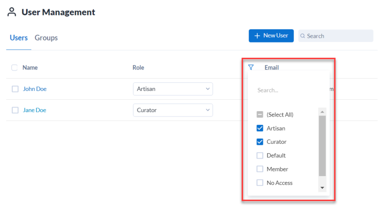To filter the user list by user role, select the filter icon to show the filter dropdown. Select 1 or more roles to filter by.