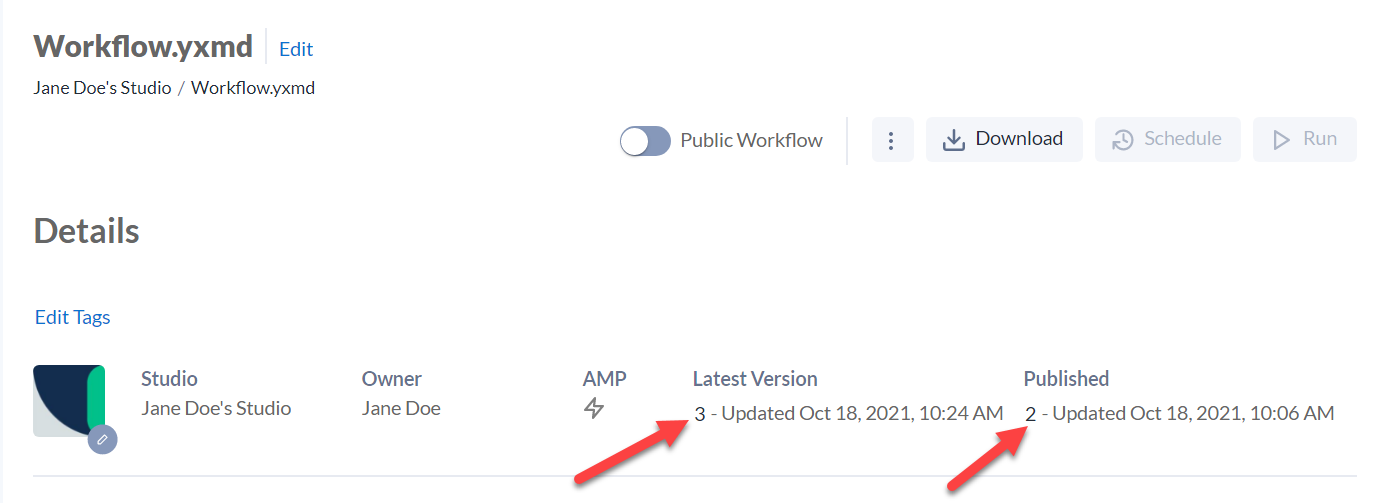Screenshot of a workflow detail page showing the published and latest version.