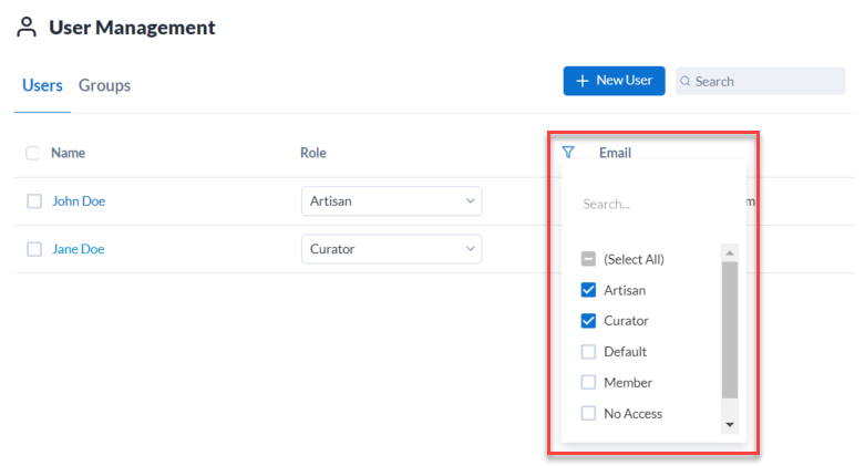 To filter the user list by user role, select the filter icon to show the filter dropdown. Select 1 or more roles to filter by. 