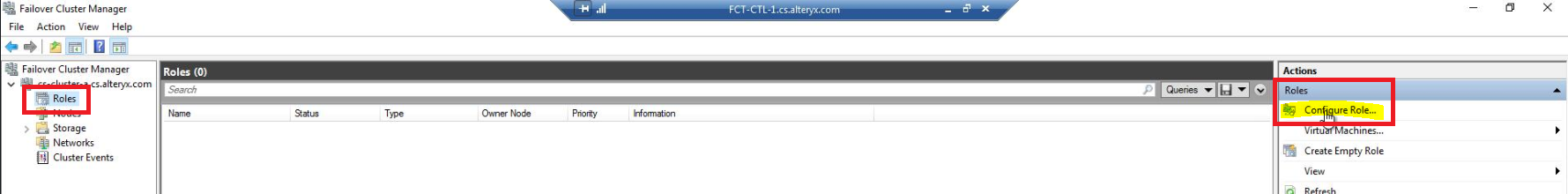 Within the Failover Cluster Manager console, expand the newly created Cluster, highlight Roles on the left and from within the Actions menu on the right, select Configure Role.