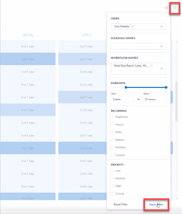 Screenshot of the Schedule Forecast section, using Filter.