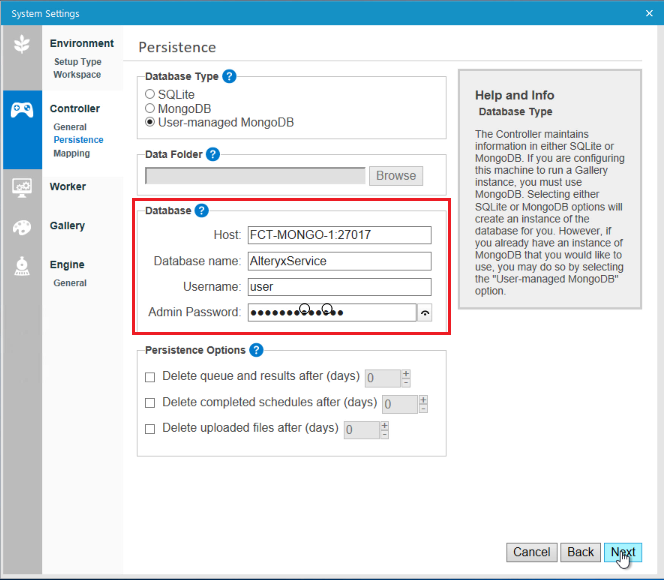 In the Controller  Persistence  Database section enter the Host, Database name, Username and Admin Password. 